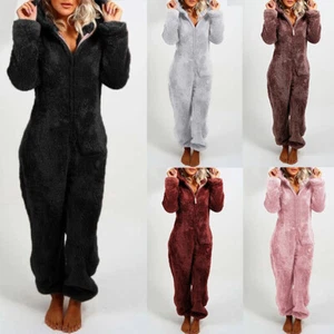 Damen Winter Warm Plüsch Jumpsuit Teddybär Schlafanzug mit Kapuze Pyjama Overall - Bild 1 von 43