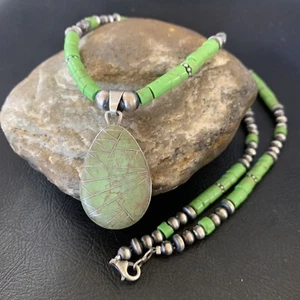 Womens Green Gaspeite & Turquoise Pendant Navajo Sterling Silver Necklace 12286 - Picture 1 of 12