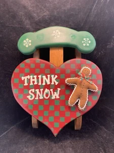 Vintage Handmade Wood Heart-Shaped Think Snow Sign With Fabric Gingerbread - Picture 1 of 13