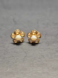 Orecchini Vintage Oro 10 Kt Opale Vite Indietro Traforati Petali Cristallo Floreale - Foto 1 di 4