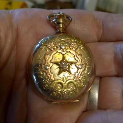 Solid 14K GOLD, 3- Colors! Waltham, ladies Pocket Watch,  Mine-cut DIAMOND,   - Image 1 of 4