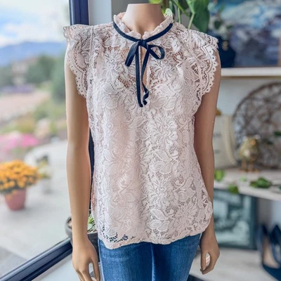 White House Black Market, Light Pink Lace High Neck Ruffled Top, Women's Large - Image 1 of 4