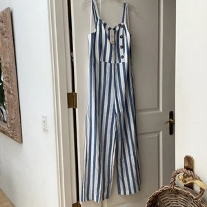 C&C California BlueWhite Stripe Linen Blend Wide Leg Jumpsuit M Bust 36”Orig.$78 - Picture 1 of 5