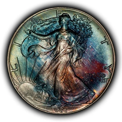 1986 1 oz Silver American Eagle - PQ Rainbow Toning - PCGS MS 68 - SKU-E3505 - Image 1 of 4