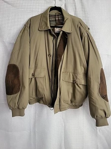 Men's Cabela's Khaki Bomber Jacket Lined, Goose Down Filled, Leather Elbow Patch - Picture 1 of 8