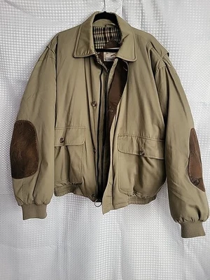 Men's Cabela's Khaki Bomber Jacket Lined, Goose Down Filled, Leather Elbow Patch - Image 1 of 4