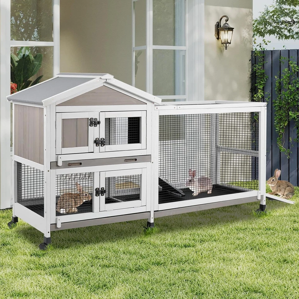 Petscosset Rabbit Hutch Outdoor Indoor Bunny Hutch 2-Story Large Rabbit Cage - Image 1 of 4