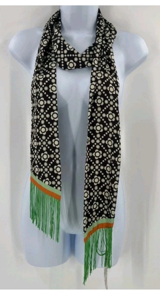 NEW Urban Outfitters Retro Look Scarf in Black Geo Print Rust Strip Green Fringe - Image 1 of 4