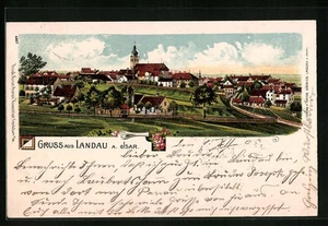 Lithographie Landau a. Isar, Teilansicht mit Kirche 1905  - Picture 1 of 2