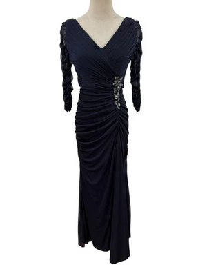 Adrianna Papell Navy Blue Ruches Bodycon Beaded Long Dress Sz 4p Gown Formal  - Image 1 of 4