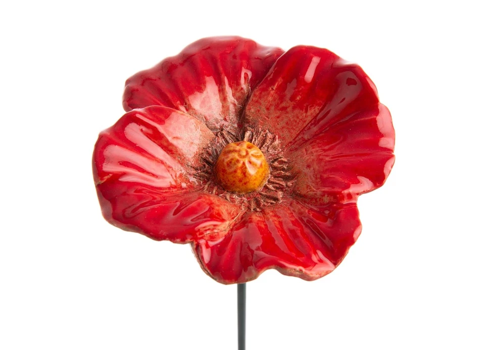 2x Blüte Keramik rot Gartenstecker Insektentränke Ø10cm H48cm Blütenstecker Deko - Bild 1 von 1