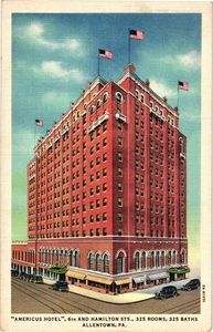 Vintage Americus Hotel Allentown PA Leinen Postkarte 325 Zimmer Bad - Bild 1 von 2