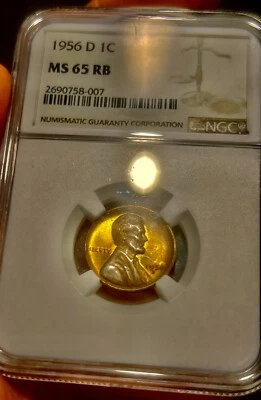 1956 D Wheat Cent Lincoln Penny NGC M65 RB Toned Toner Copper Us Coin - Image 1 of 2