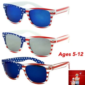 Age 5-12 Kid's American Flag Patriotic Stars and Stripes Retro Glossy Sunglasses - Picture 1 of 6