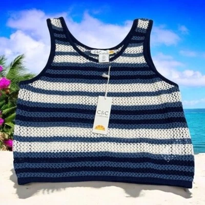 NEW C&C California Blue and White Stripe Crochet Crop Tank Women's Size S - Image 1 of 4