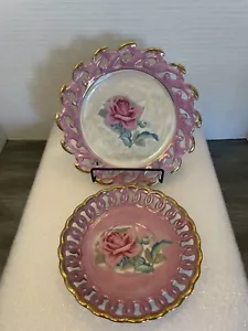 Vintage Japan Lusterware Rose Tea Saucer & Snack Dessert Plate Pierced Gold Edge - Picture 1 of 11