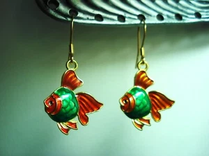 1 1/2" Drop Dangle Gold Plated Green & Golden Cloisonne Style Koi Fish Earrings - Picture 1 of 4