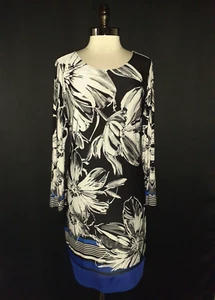 INC International Concepts Sz L Shift Dress Black White Blue Floral Long Sleeve - Picture 1 of 6