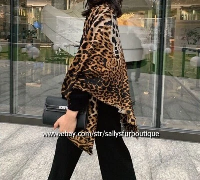 Sallys Cashmere & Silk Wrap Scarf Leopard Print Double Face Shawl Tassels 53" - Image 1 of 4