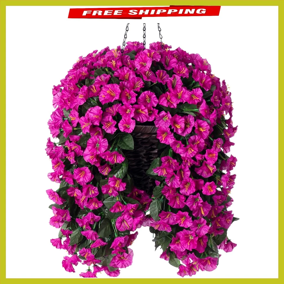 Flores colgantes de imitación fucsia Morning Glory en cesta de cono hecha a mano, resistente a los rayos UV Foto 1 de 4