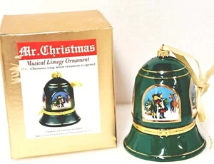 Ornamento musicale Mr Christmas Limoge a forma di campana Silent Night con scatola funziona vintage - Foto 1 di 4
