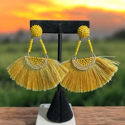 Boho Yellow Tassel Earrings Handmade Fringe Statement Lightweight Festival Artsy - Image 1 of 4