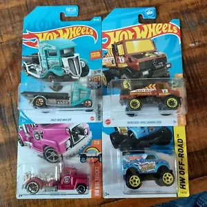 Hot Wheels TRUCK Lot(4) 2023#61 Unimog 2021#83 Hauler 2016#147 Pink 2015 Dairy - Picture 1 of 2