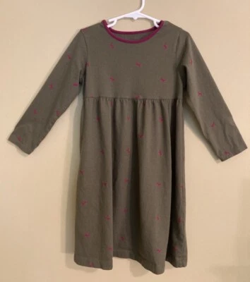 Vestido LANDS END Niña Talla 5 Algodón Verde Oliva Borgoña Perro Manga Larga Foto 1 de 4