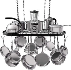 Heavy-Duty Hanging Pot Rack - 33X17 Inches - Stylish Black Alloy Steel Ceiling S - Picture 1 of 9