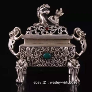 China Temple White Copper Silver Foo Dogs Lion Incense burner Censer - Picture 1 of 9