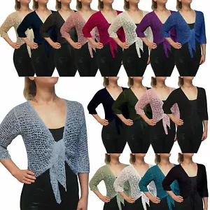 Ladies Popcorn Cardigan Style Crochet Plain Stretch Tie at Waist Bolero Shrug  - Picture 1 of 80