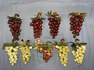 Vintage Hand Carved Red White Stone Grape 9 Clusters on Vine Carved Jade Leaves - Picture 1 of 15