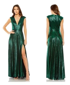 Vestido Mac Duggal Talla 6 Verde 27156 Manga Gorra Cuello en V Profundo Ranura Alta Metálico - Imagen 1 de 8
