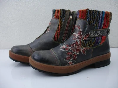 Mujer 8 8.5 39 Socofy Puntera Gorra Botines Cremallera Lateral Gris Cuero Floral Arco Iris Foto 1 de 4