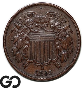 1869 Two Cent Piece, Choice AU - Picture 1 of 3