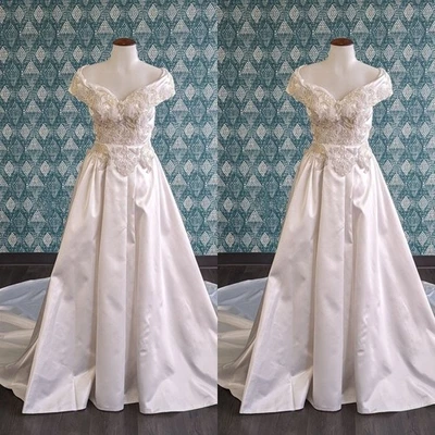 Vestidos de noiva vintage fora do ombro cetim linha A miçangas vestido de noiva retrô - Imagem 1 de 4