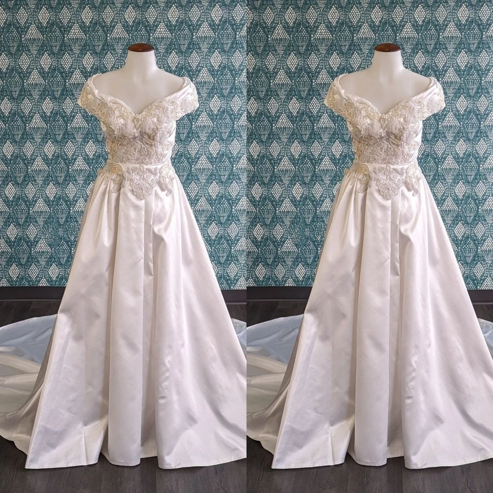Vintage Wedding Dresses Off The Shoulder Satin A Line Beading Retro Bridal Gown - Image 1 of 4