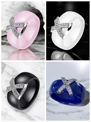 JS💖 Ring Edelstahl Keramik Zirkonia Schwarz Weiß Blau Größenauswahl ES-0998 - Bild 1 von 3