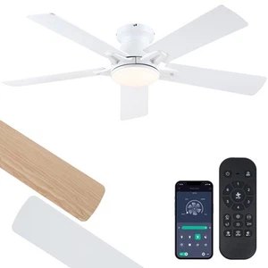 White Ceiling Fan with Lights - 52" Flush Mount Ceiling Fan with Remote and D... - Picture 1 of 8