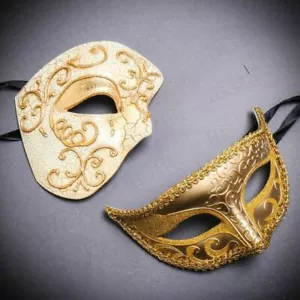Venetian Couple's Masquerade Ball Halloween Costume Party Phantom Eye Mask Gold - Picture 1 of 3