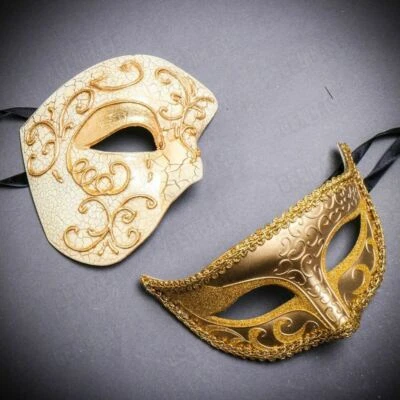 Venetian Couple's Masquerade Ball Halloween Costume Party Phantom Eye Mask Gold - Image 1 of 3