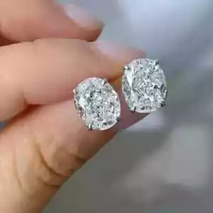14K White Gold Plated 2Ct Oval Cut Lab Created Diamond Solitaire Stud Earrings - Picture 1 of 1