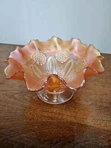 DUGAN DOUBLE STEM ROSE DOMED FOOT BOWL MARIGOLD CARNIVAL GLASS - Picture 1 of 7