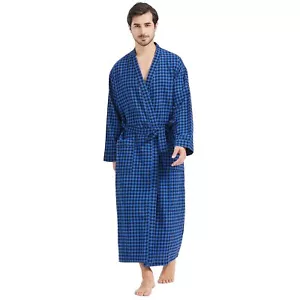 Mens Plaid 100%Cotton Flannel Shawl Collar Full Length Robe 5XL-6XL Black/Blue - Picture 1 of 6