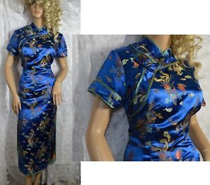 VTG Blue Satin Embroidered Chinese Dress Gown L XL 12
