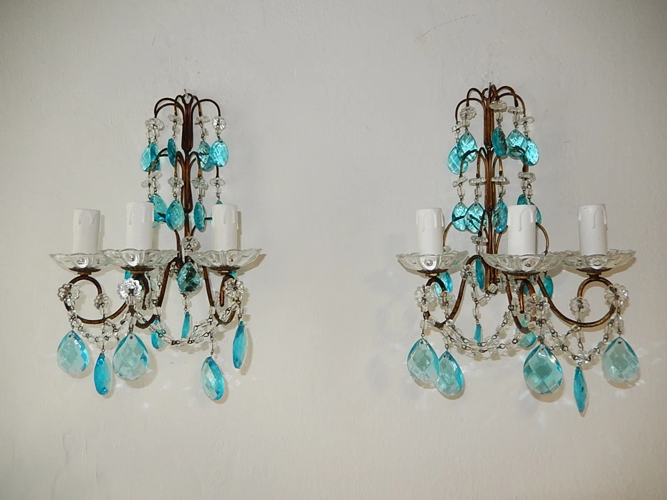 ~c 1920 Francés Aqua Cristal Azul Cristal Prismas y Swags Apliques~ Foto 1 de 1