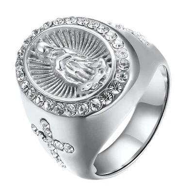 Anillo Cruz Virgen María Religioso Circonita Cúbica de Acero Inoxidable para Hombres Banda #7-12 Foto 1 de 4