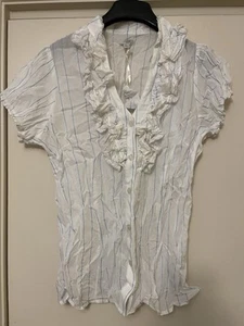 Odille Anthropologie 14 White Blue Blouse Ruffle Striped Sheer Lightweight Flaw? - Picture 1 of 4