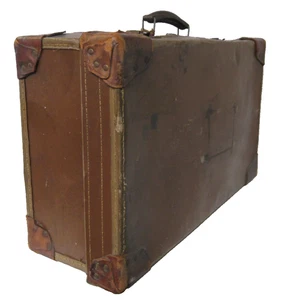 Antique Old leather Suitcase Suit Case Travelling Luggage Brown Shabby Chic Prop - Picture 1 of 13