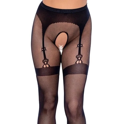 Dessous Sexy Strumpfhose mit Naht S M L Netz Strapsgurt eingewebt Schritt offen - Bild 1 von 4